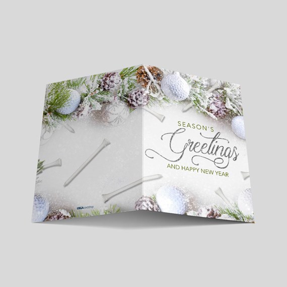 season's greetings card with snow and golf theme