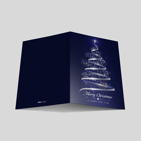 navy blue greeting card with Christmas tree design and text