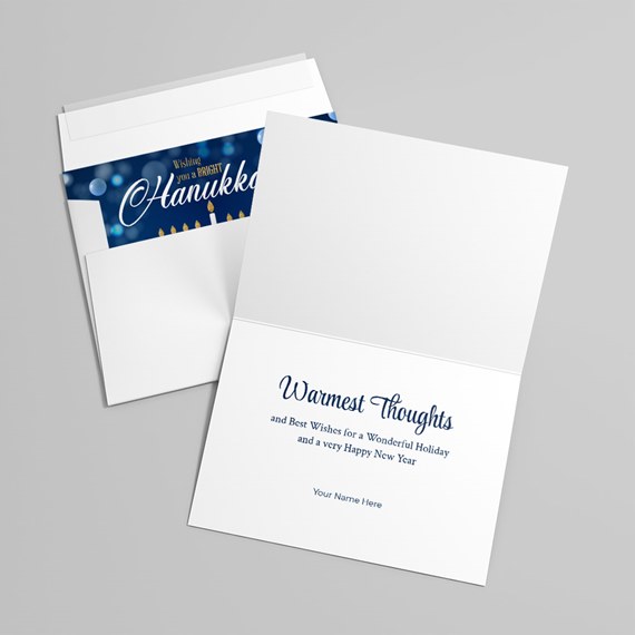 greeting card with blue interior and white exterior, photo placeholder