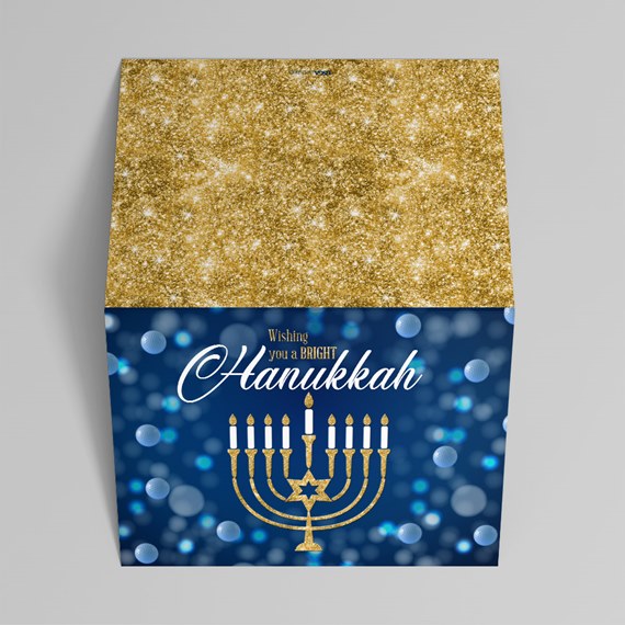 Hanukkah greeting card with menorah and glitter