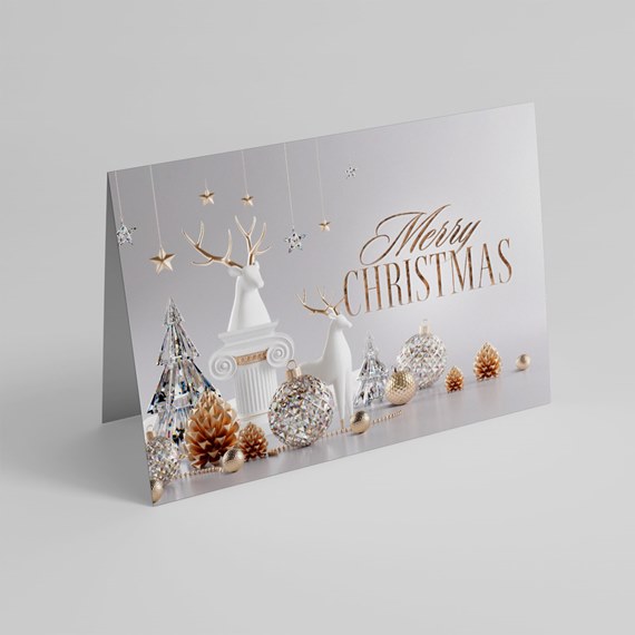 Christmas card with reindeer and ornaments, customizable text area