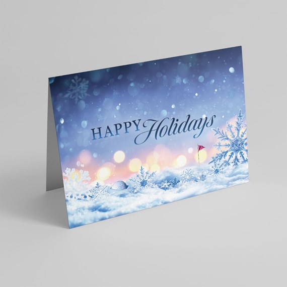holiday greeting card with snowflakes and bokeh lights