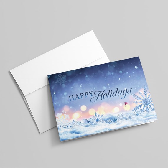 holiday card design with snowflakes and text