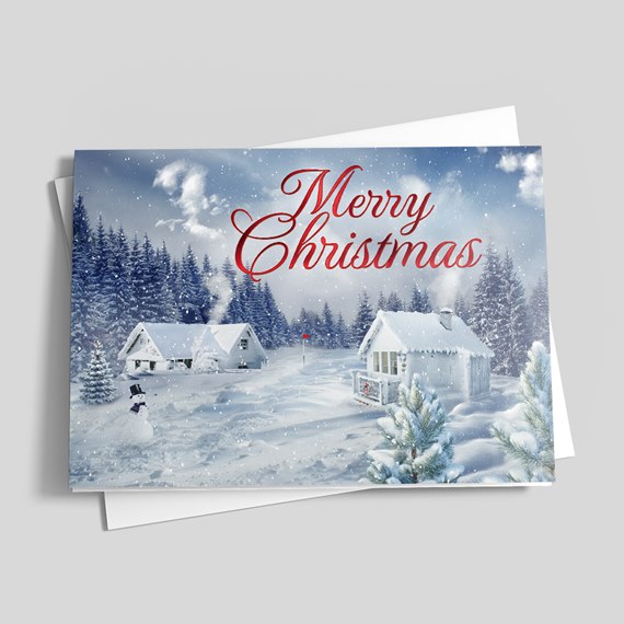 winter scene with houses and snowman, Merry Christmas text