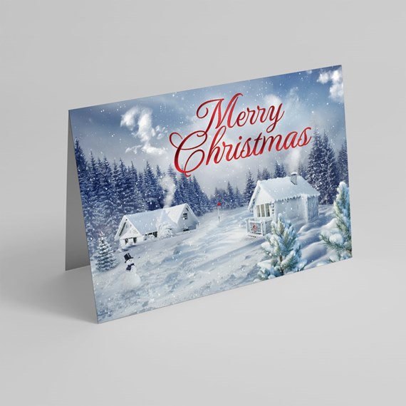snowy landscape with houses and trees, Merry Christmas text