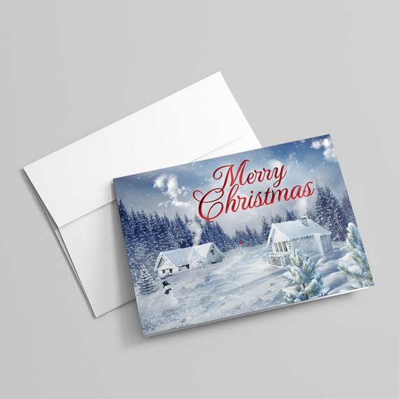 seasonal card with snowy landscape and text