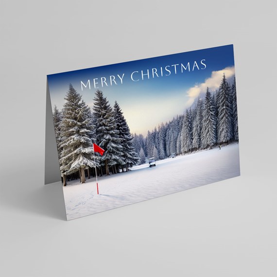 Christmas card with snowy landscape and text
