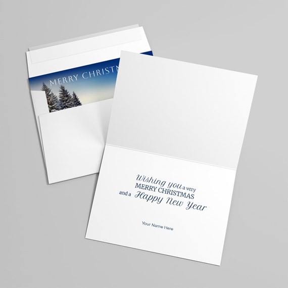 greeting card with snowy landscape and text area