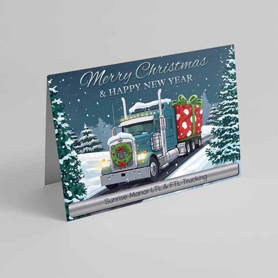 truck with wreath and gift, snowy background, holiday greeting card