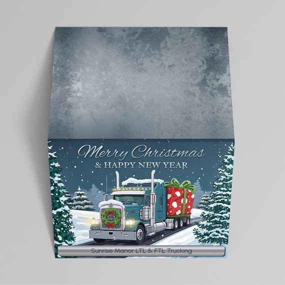 truck with gifts in snowy landscape, customizable text area