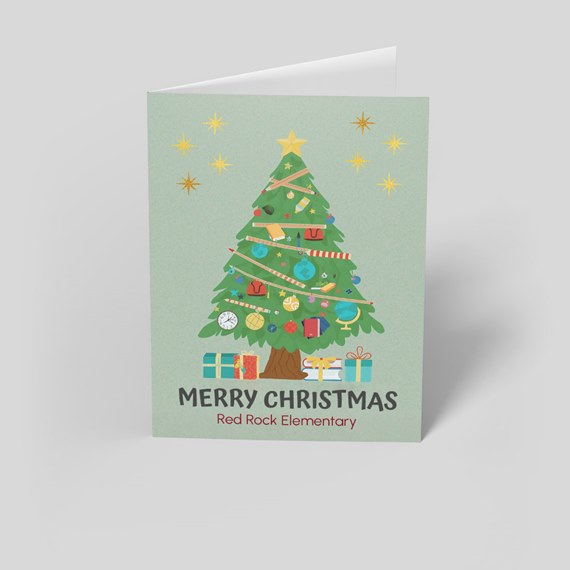 Christmas tree card with ornaments and gifts, customizable text area