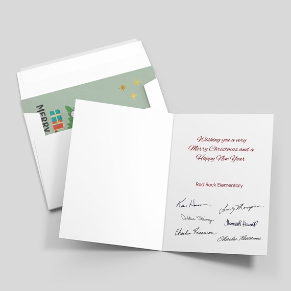 open greeting card with text and green envelope