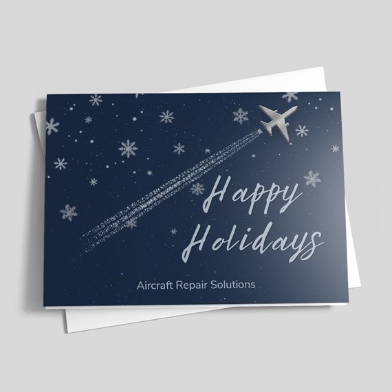 navy holiday card with airplane and snowflakes, photo area