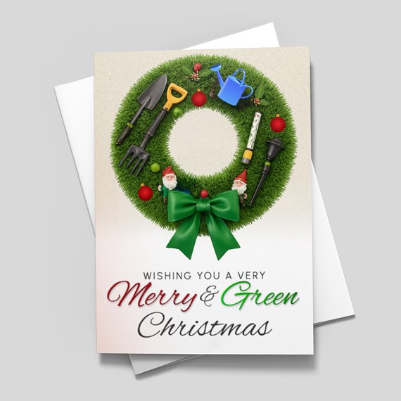Christmas card with wreath, gardening tools, and Santa figures