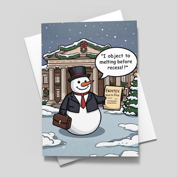 cartoon snowman with sign, snowy background, building and tree