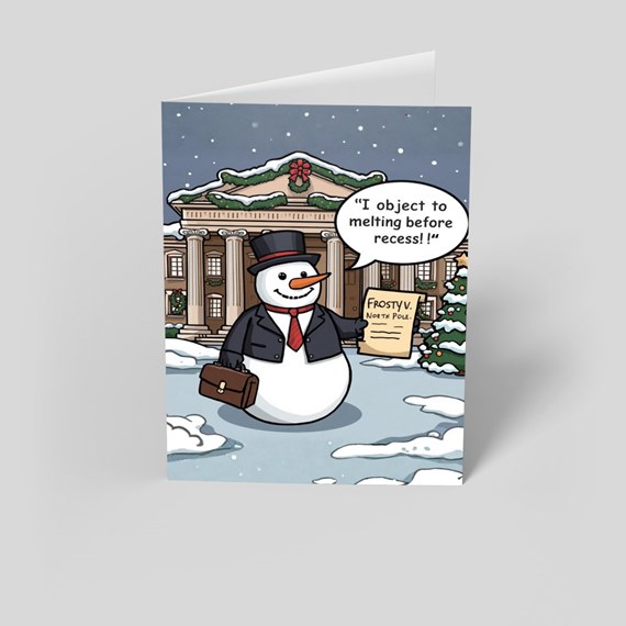 cartoon snowman in suit, snowy scene, holiday building