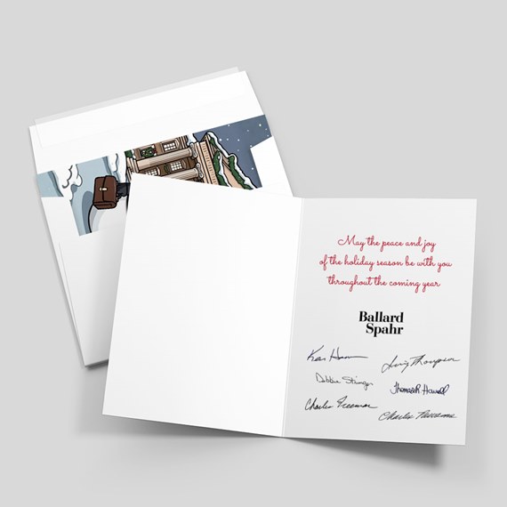 holiday card with winter scene and message
