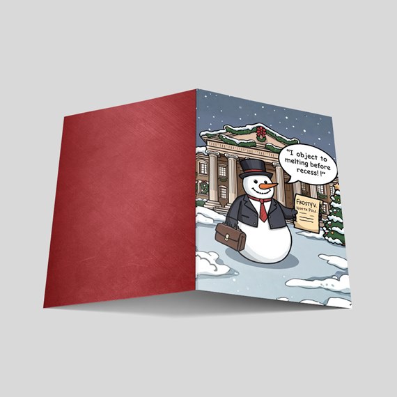 cartoon snowman with briefcase on holiday card