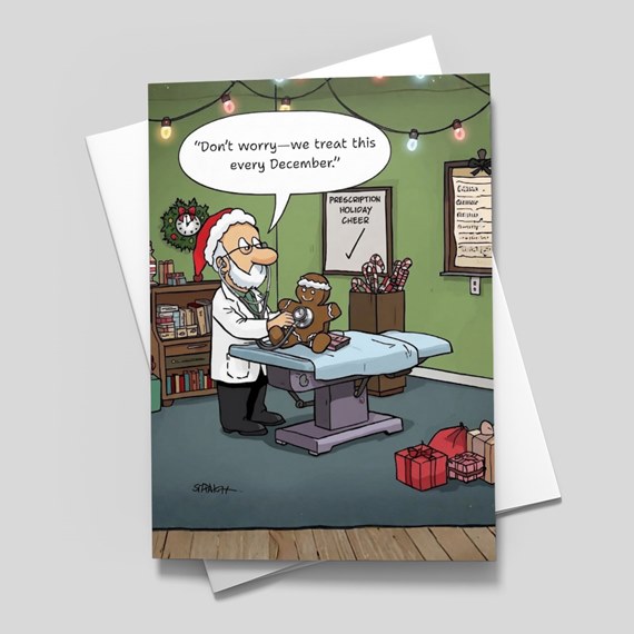 cartoon doctor with gingerbread man, holiday theme