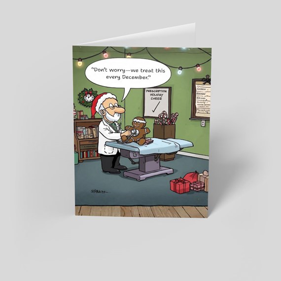 cartoon doctor examining gingerbread man, festive scene