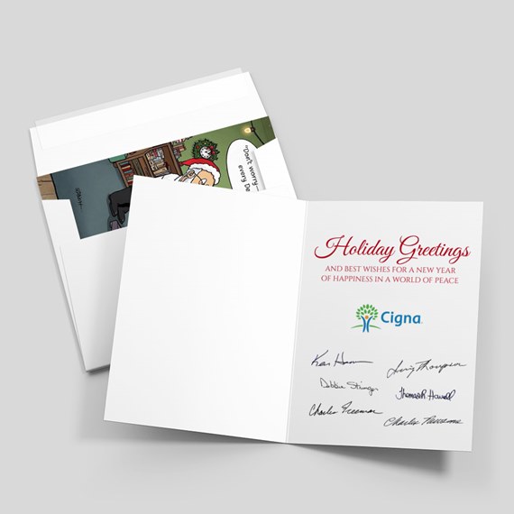 holiday greeting card with cartoon interior and printed text