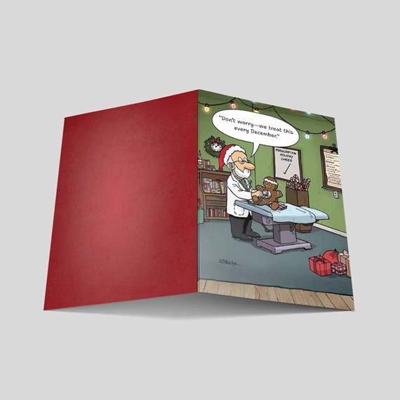 cartoon doctor treating teddy bear, festive room, holiday decorations