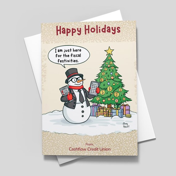 cartoon snowman with calculators, Christmas tree, gifts, holiday greeting