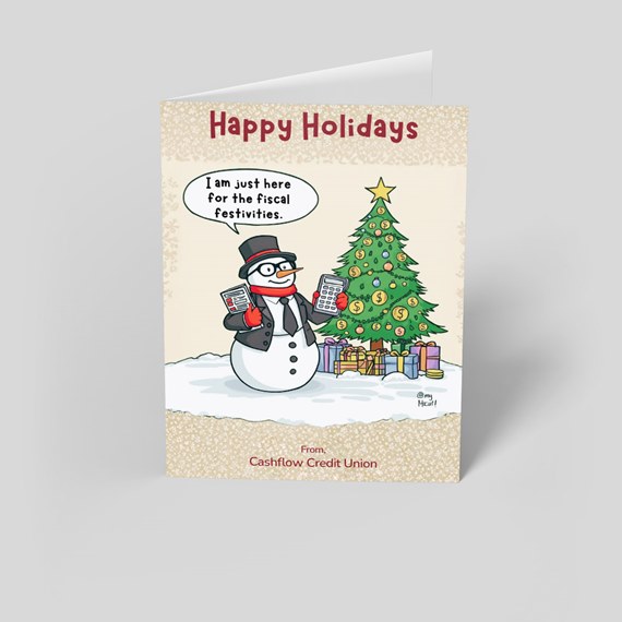 cartoon snowman with calculators, Christmas tree, customizable text area