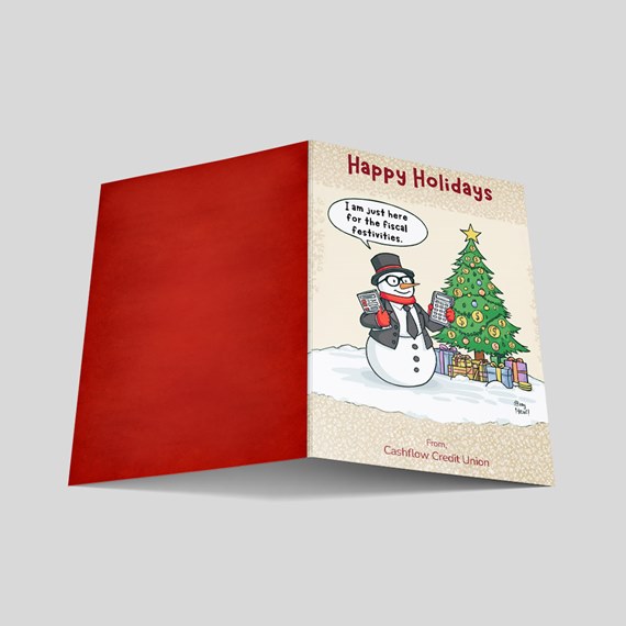 holiday card with snowman and Christmas tree