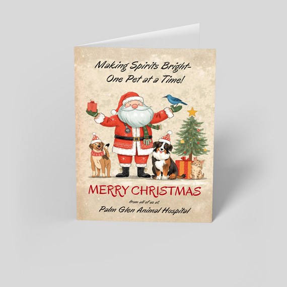illustrated Christmas card with Santa and dogs, photo area