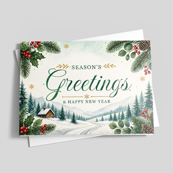 holiday card design with snowy scene and text