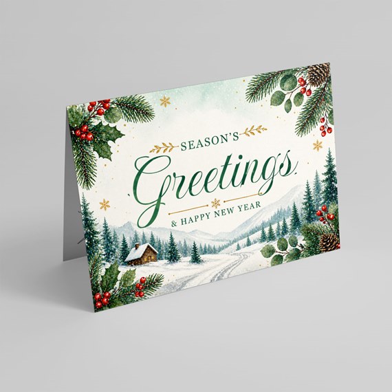 seasonal greeting card with snowy landscape and text
