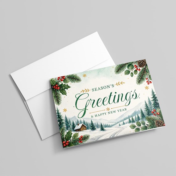 holiday card design with winter scene and text area