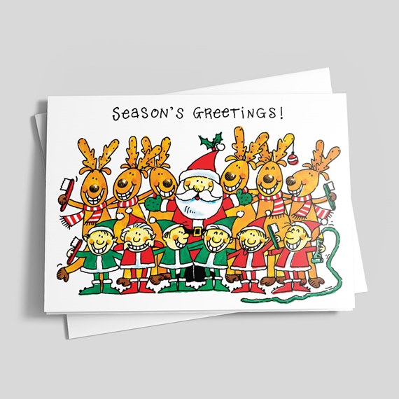 colorful holiday card with Santa and reindeer