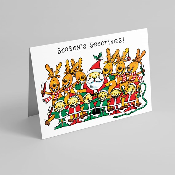 holiday card with reindeer, elves, and Santa, text area