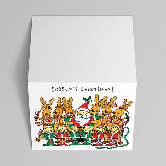 holiday card with Santa and festive characters