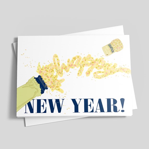 champagne bottle illustration with bubbles, new year text
