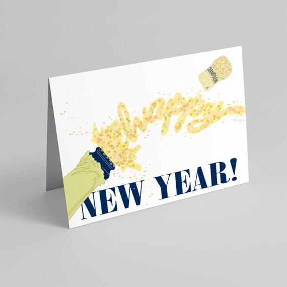 champagne bottle with bubbles and text 'NEW YEAR!'