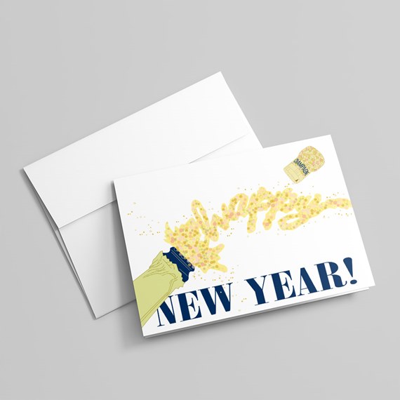 cartoon of a bottle opening with confetti and text 'NEW YEAR!'