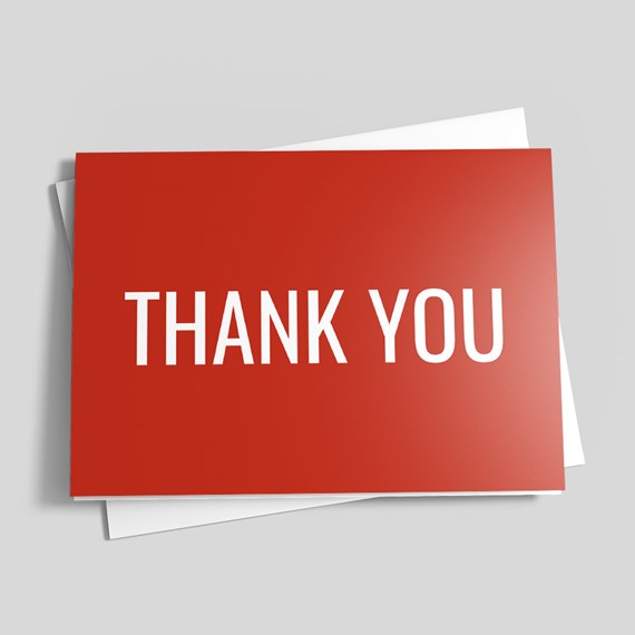 red thank you card with white text