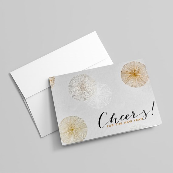 greeting card with circular designs and text 'Cheers!'