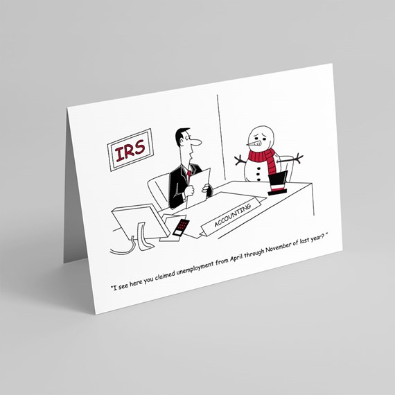 cartoon illustration of IRS office with snowman and accountant