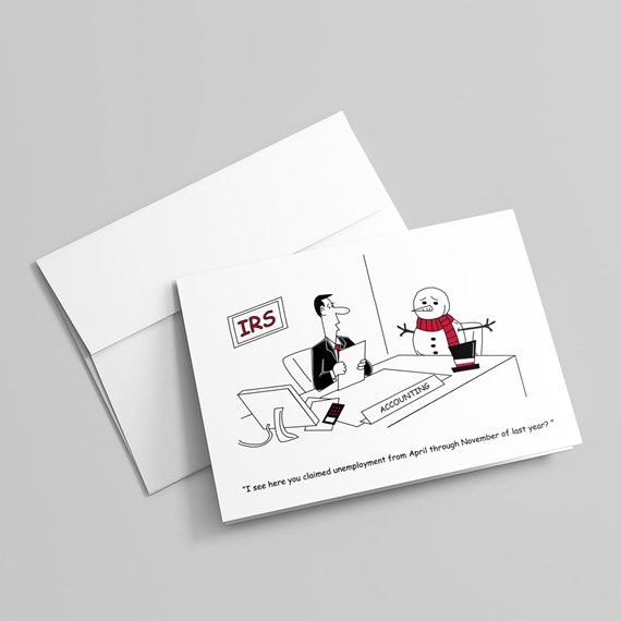 cartoon illustration of a snowman and accountant with humorous text