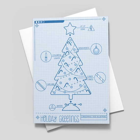 Blueprint-style holiday greeting card with blue line drawing of a decorated Christmas tree on a light blue grid background and a white envelope