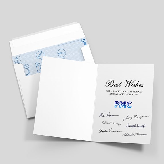 folded white holiday greeting card with printed Best Wishes message, signatures and blue logo, displayed with envelope and blue patterned liner