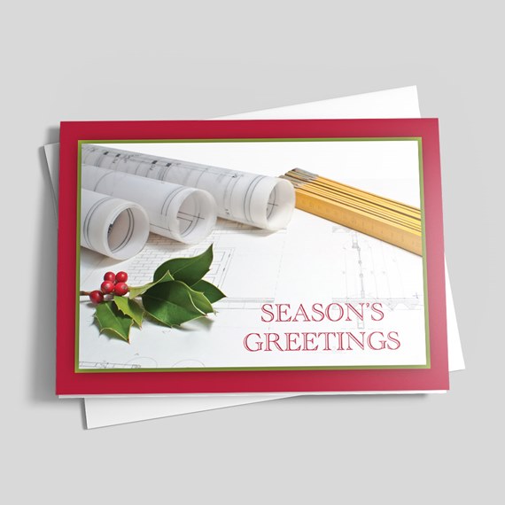 holiday card with architectural blueprints and holly, text area