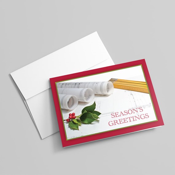 holiday greeting card with architectural design and text