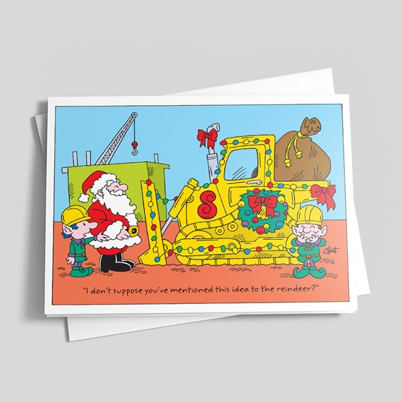 Christmas greeting card showing Santa and elves with a decorated yellow bulldozer and a sack of presents.