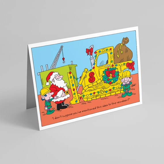 Folded greeting card with cartoon Santa, elves and a decorated yellow bulldozer with wreath and lights.
