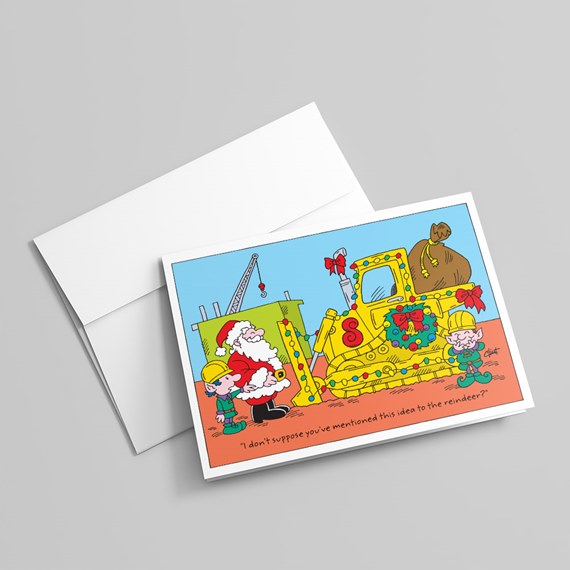 Folded Christmas greeting card featuring a cartoon Santa with two elves and a decorated yellow bulldozer